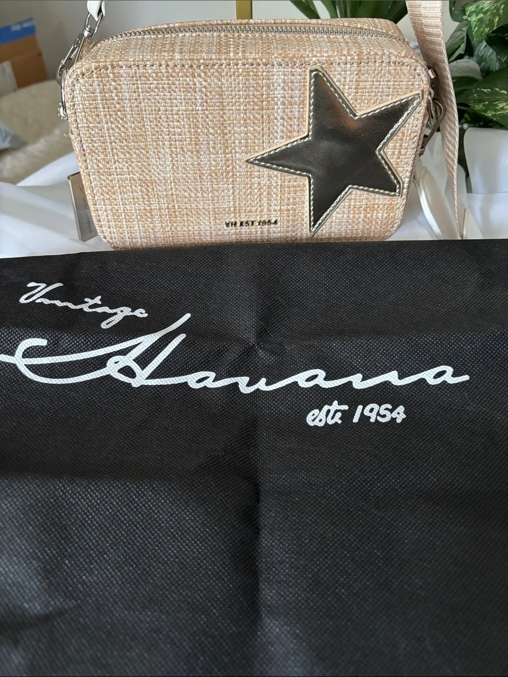 Vintage Havana Beige Woven Crossbody with Gold Star